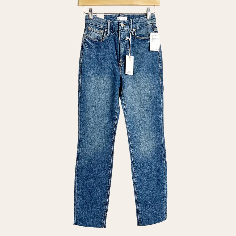 Good American Good Classic High Rise Raw Hem Denim Blue Jeans Size 0/25 NWT